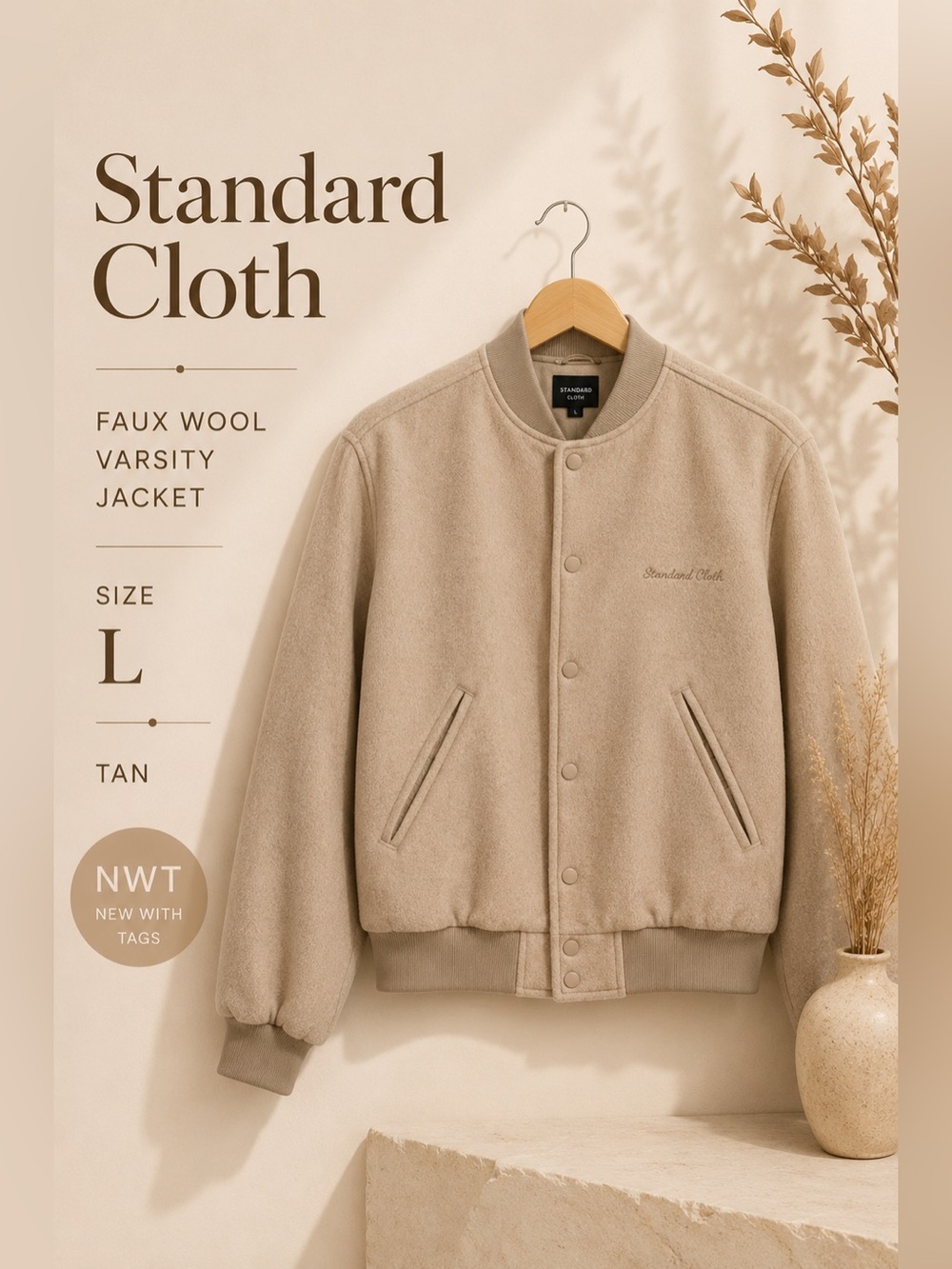 Standard Cloth Faux Wool Varsity Bomber Jacket Tan Size L NWT